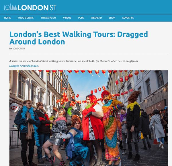 Screenshot of Londonist article with title "London's Best Walking Tours: Dragged Around London"